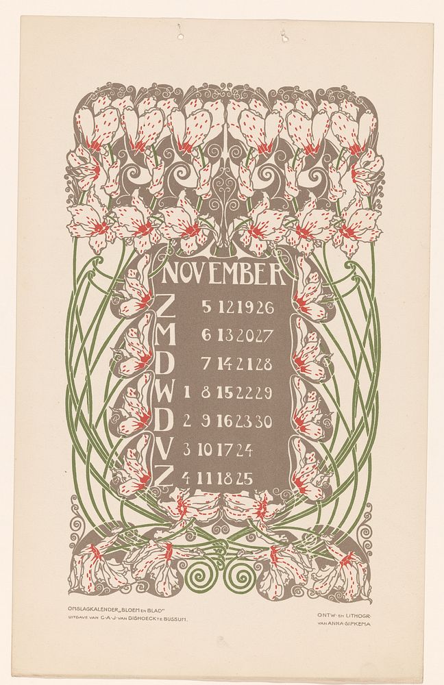 Kalenderblad november met bloemen (before 1905) by Anna Sipkema, Anna Sipkema and C A J van Dishoeck