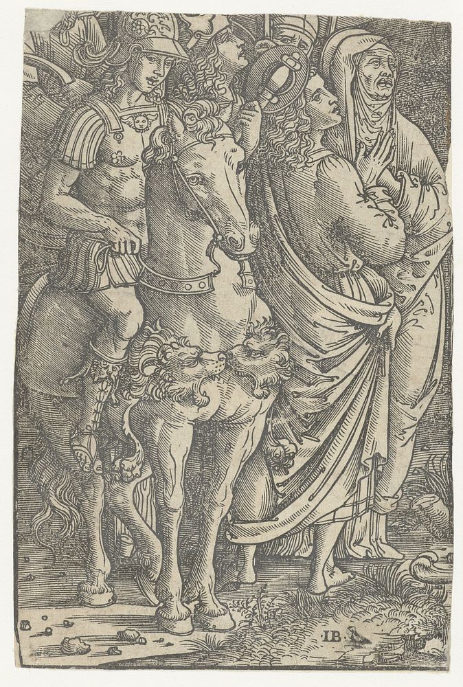Fragment van een Kruisiging met Johannes de Evangelist en Maria en soldaten (1500 - 1535) by Meester IB met de vogel and…
