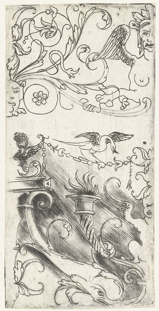 Ornament met brandende fakkel en grotesken (1500 - 1548) by Meester van 1515 and Meester van 1515