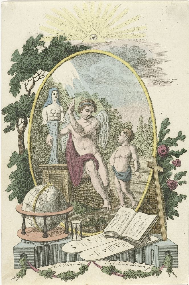 Allegorie met een engel en een standbeeld van Moeder Natuur (1790 - 1858) by Pieter van der Meulen and Hendrik de Flines