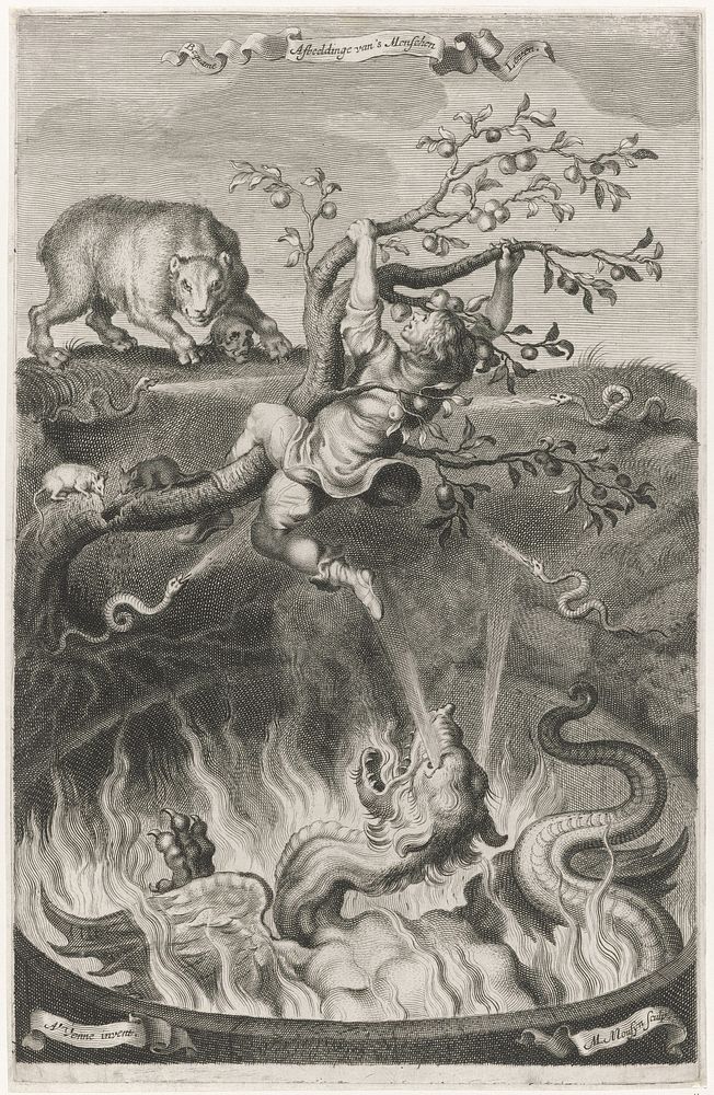 Man in appelboom dreigt eruit te vallen (1640 - 1655) by Michiel Mosijn, Adriaen Pietersz van de Venne and Jan Jacobsz…