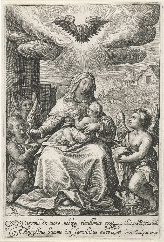 Maria met het Christuskind en engelen (1574 - 1637) by Crispijn van de Passe I, Crispijn van de Passe I and Crispijn van de…
