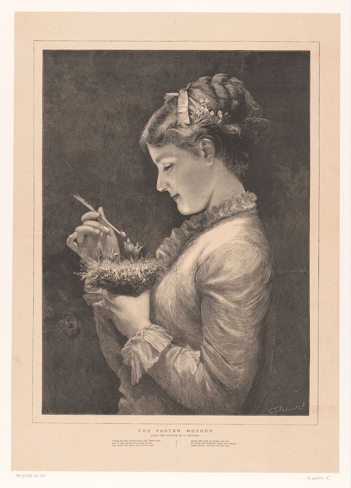Vrouw geeft jonge vogels te eten (1874) by Charles Roberts, Eugène Verdyen and The Graphic