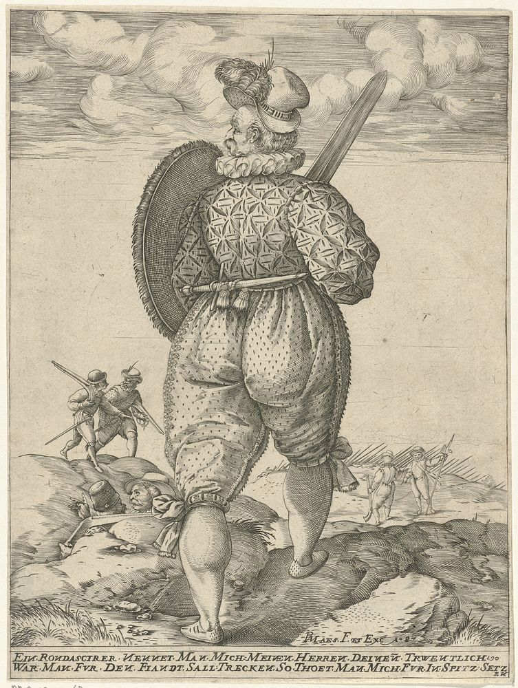 Soldaat met zwaard en schild, van achteren gezien (1587) by Pieter Maes, Hendrick Goltzius and Pieter Maes