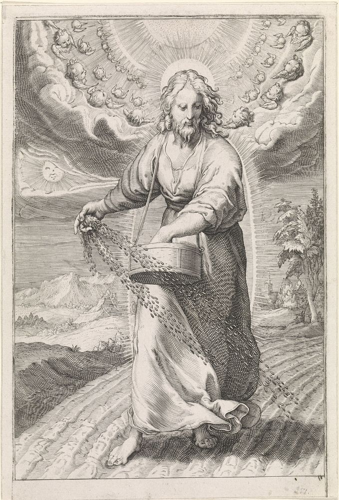 Christus als zaaier (1600 - 1602) by Jan Saenredam, Jacob Matham and Hendrick Goltzius