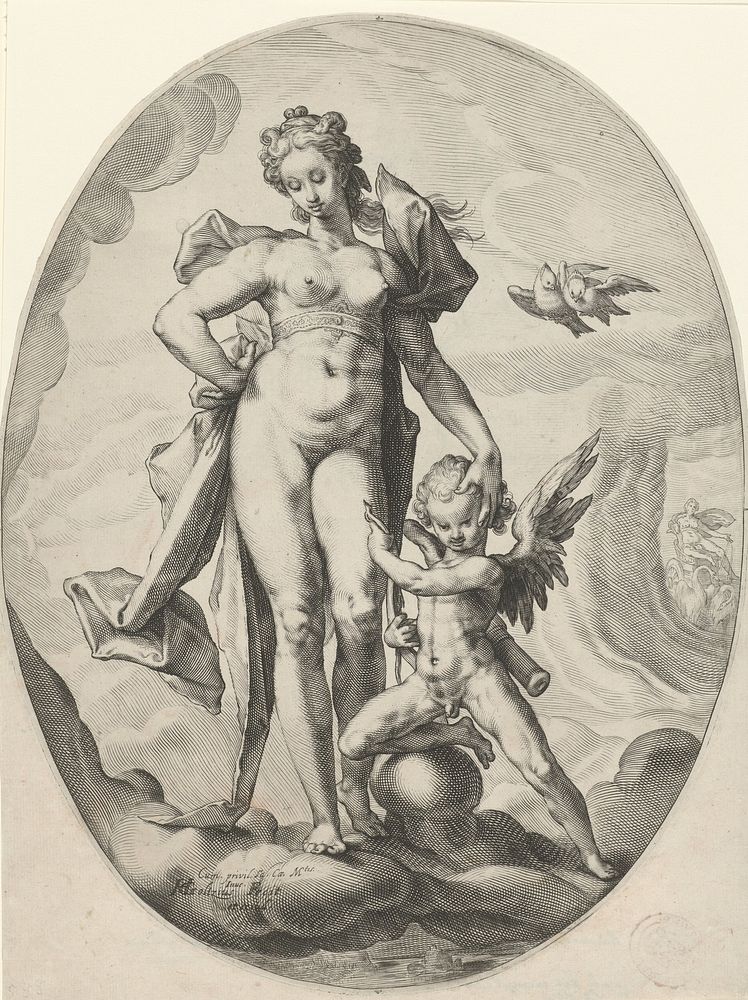 Venus en Amor op de wolken (1599 - 1603) by Jacob Matham, Hendrick Goltzius, Hendrick Goltzius and Rudolf II van Habsburg…