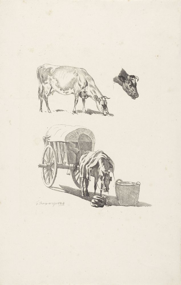 Koe, een koeienkop en een paard met wagen (1828) by Gijsbertus Craeyvanger