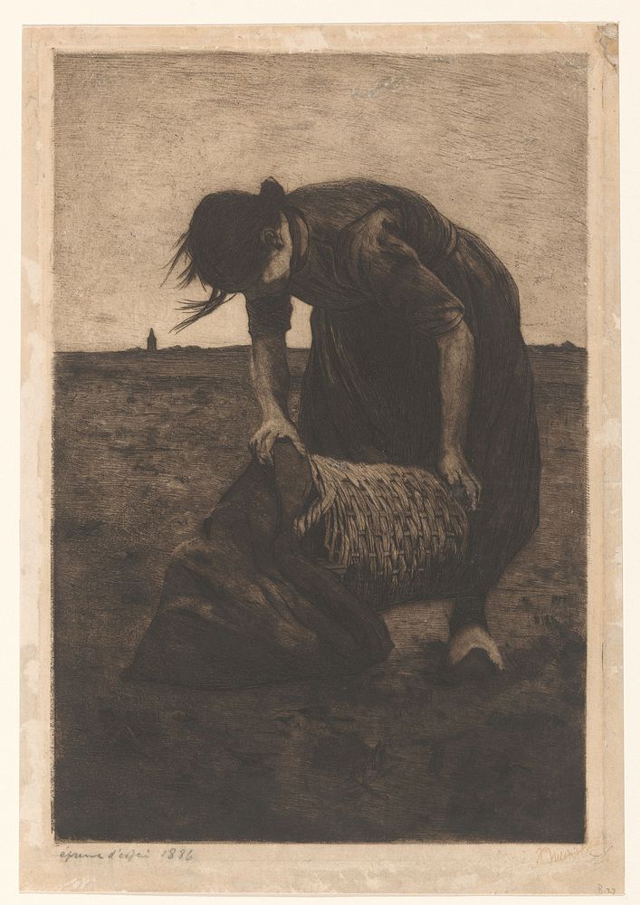 Voorovergebogen aardappelrooister met een mand en zak (1886) by Willem Witsen