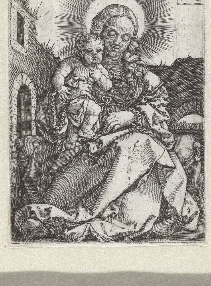 Madonna met kind zittend op een muurtje in een tuin (1553) by Heinrich Aldegrever and Heinrich Aldegrever