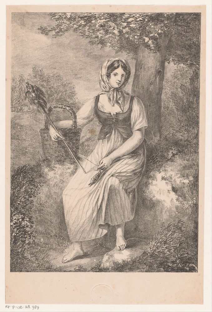 Meisje met spinrokken (1814 - 1879) by David van der Kellen 1804 1879