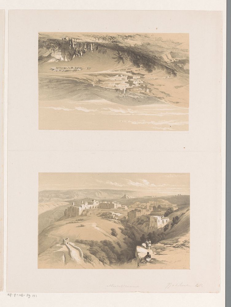 Twee voorstellingen van nederzettingen in woestijnachtig gebied (1830 - 1879) by Jacob Jan van der Maaten