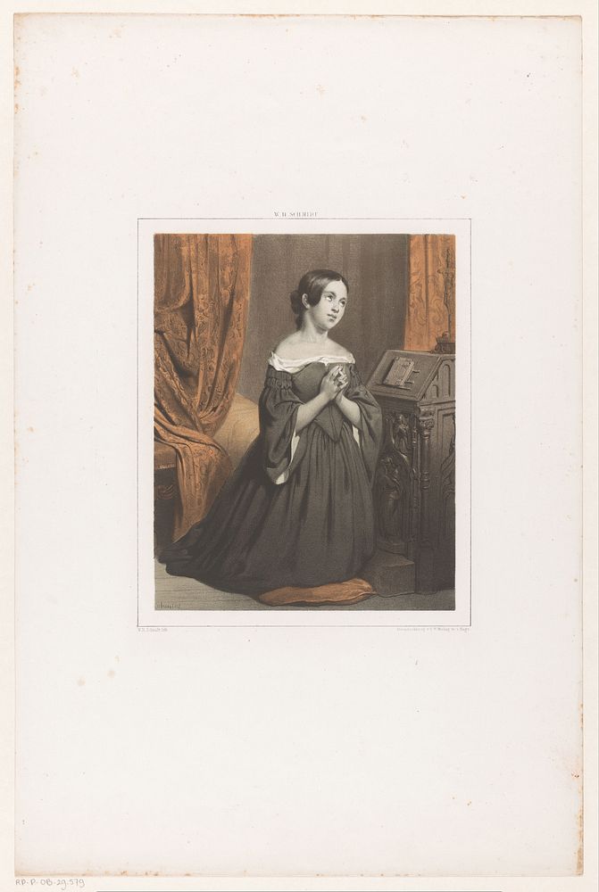 Knielende vrouw in gebed (1847 - 1849) by Willem Hendrik Schmidt and Koninklijke Nederlandse Steendrukkerij van C W Mieling