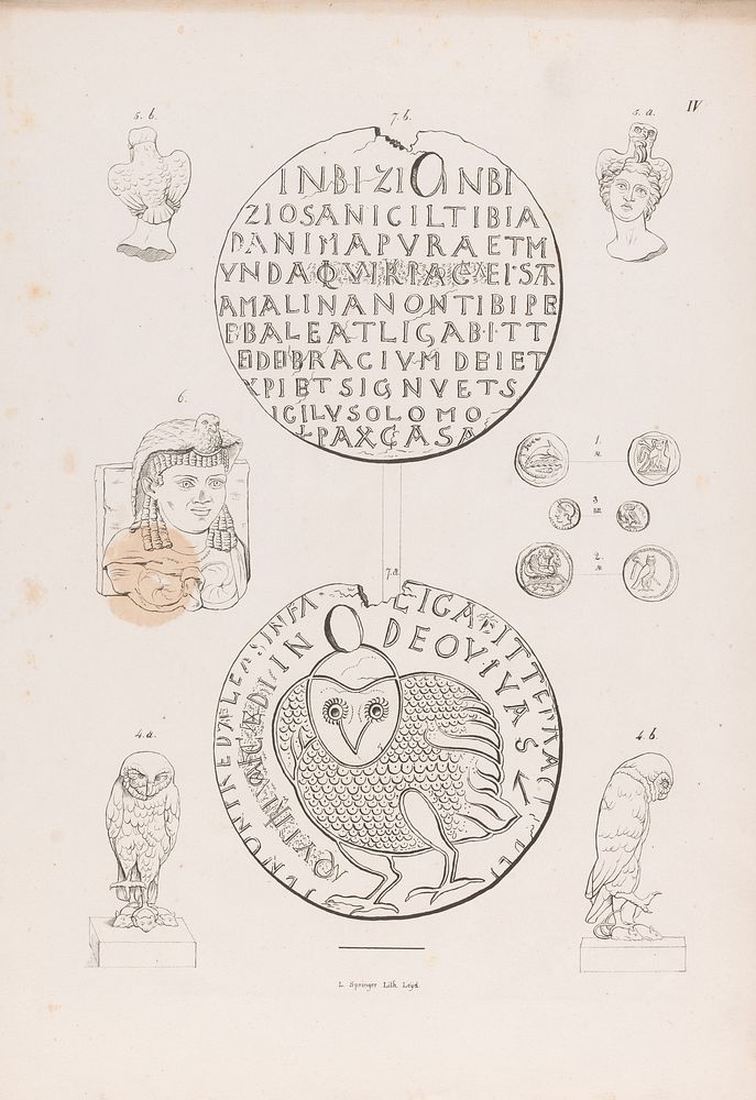 Munten, beeld van een uil, bustes en een inscriptie met uil (in or before 1830) by Leendert Springer I, Leendert Springer I…