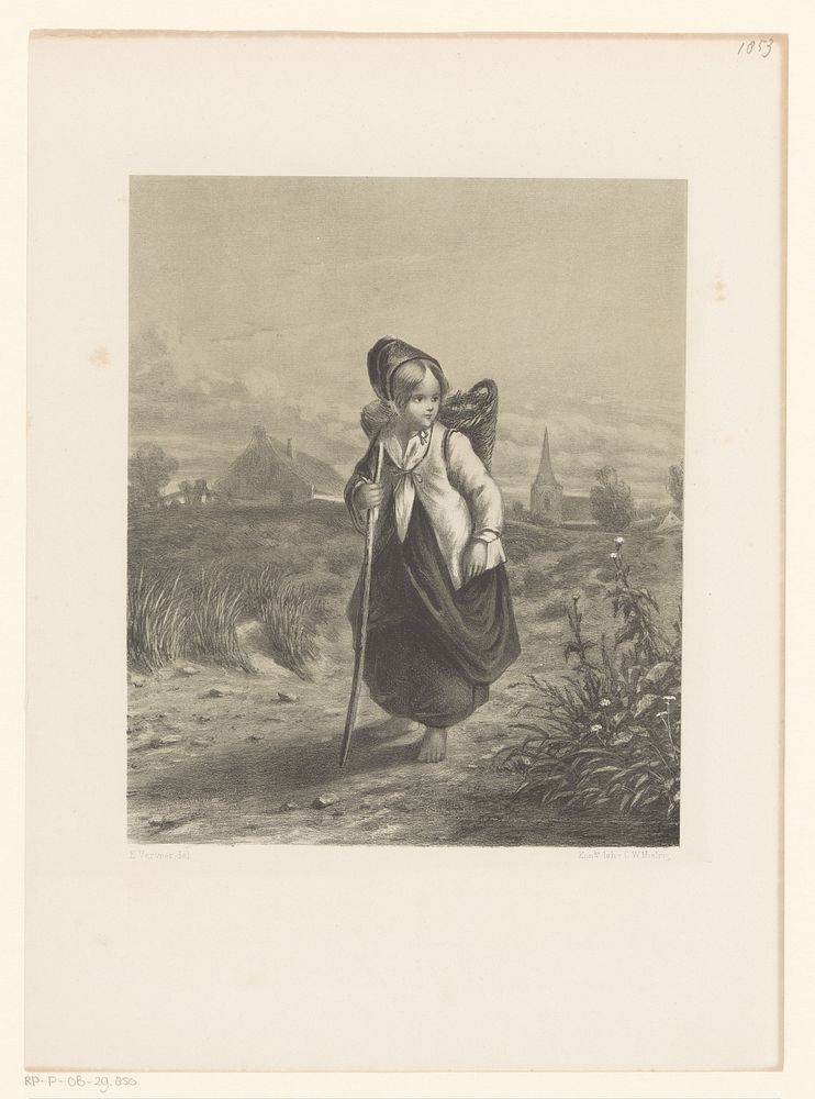 Meisje met mand op de rug (1847 - 1865) by Elchanon Verveer, Elchanon Verveer and Koninklijke Nederlandse Steendrukkerij van…