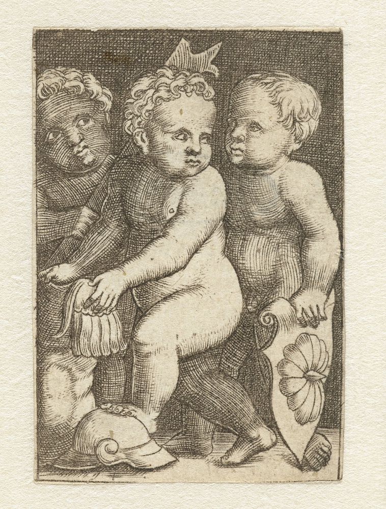 Drie putti met wapenrusting (1525 - 1580) by anonymous, Monogrammist IB 16e eeuw and Georg Pencz