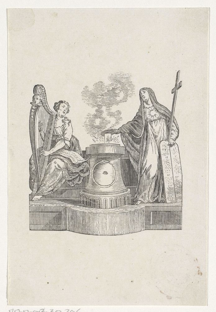 Vignet met twee allegorische figuren bij een monument (1746 - 1788) by Hendrik Numan