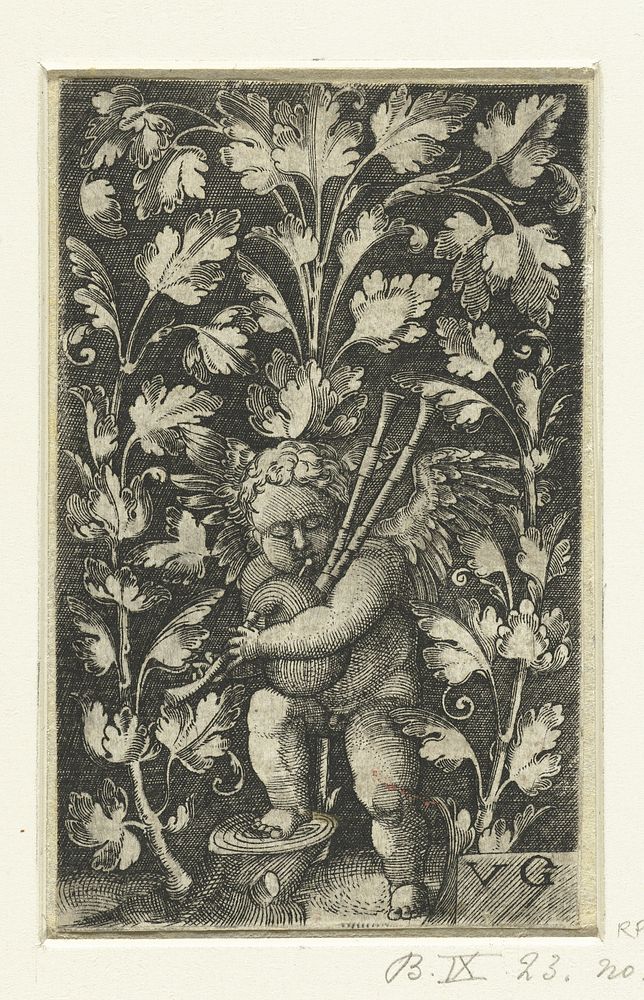 Ornament met doedelzakspelende putto (1530 - 1540) by Monogrammist VG 16e eeuw
