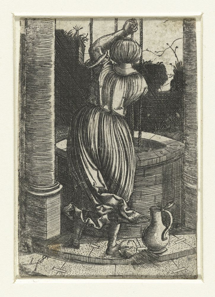 Vrouw bij een waterput (1500 - 1600) by Monogrammist IS graveur