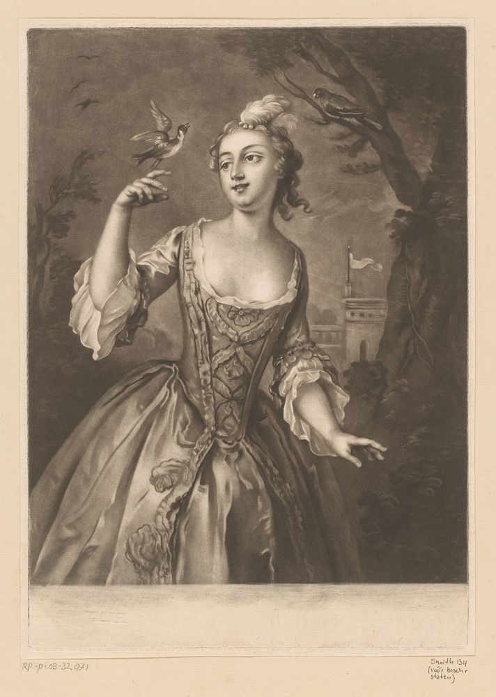 Jonge vrouw met zangvogels (1756) by Richard Houston and Philippe Mercier