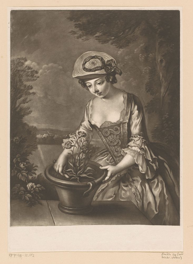 Jonge vrouw met een bloempot (1756) by Richard Houston and Philippe Mercier