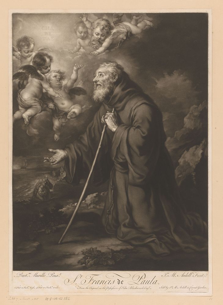 Knielende H. Franciscus van Paola in gebed (c. 1746 - 1765) by James McArdell, Bartolomé Esteban Murillo and James McArdell