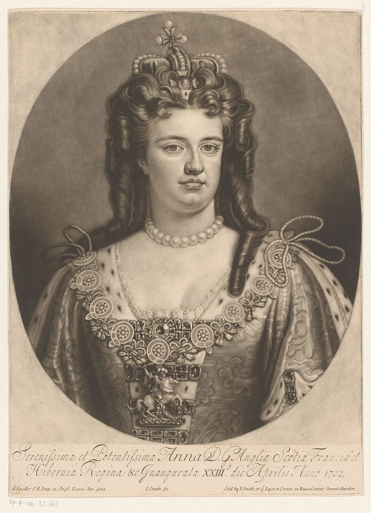 Portret van Anna Stuart, koningin van Engeland en Schotland (1702) by John Smith prentmaker uitgever, Gottfried Kneller and…