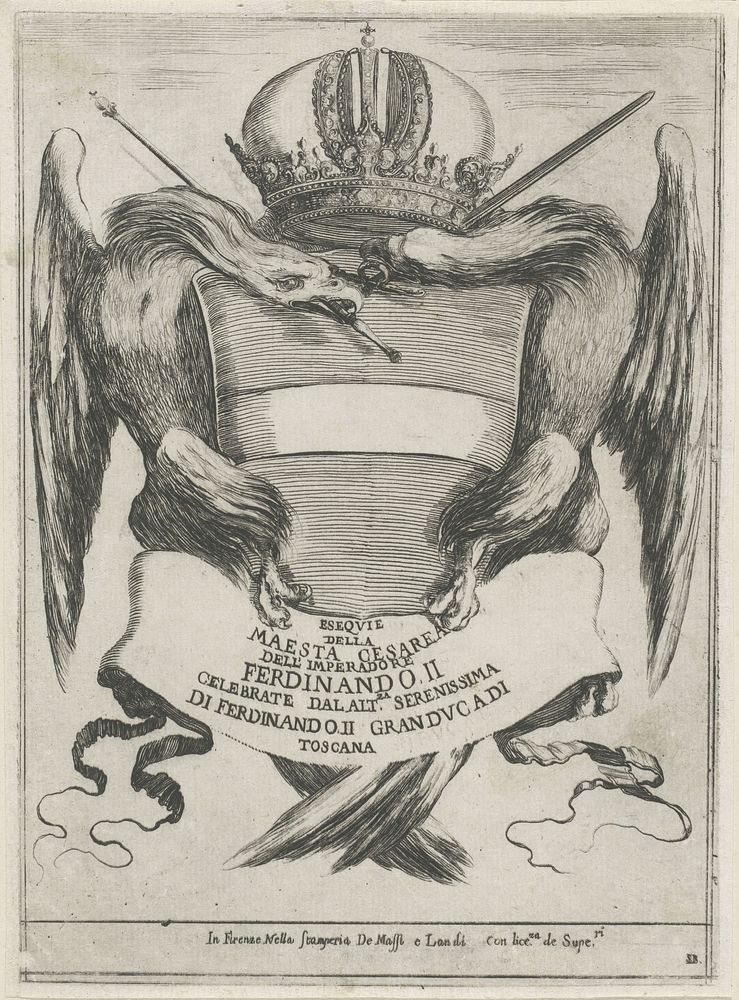 Gekroond wapenschild geflankeerd door twee adelaars (1620 - 1664) by Stefano della Bella and Massi and Landi