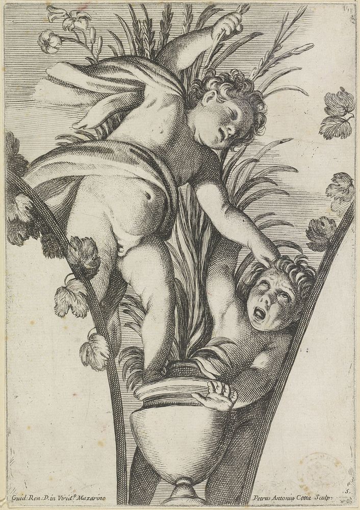 Twee putti stoeiend bij een plant in pot (1675 - 1685) by Pietro Antonio Cotta and Guido Reni