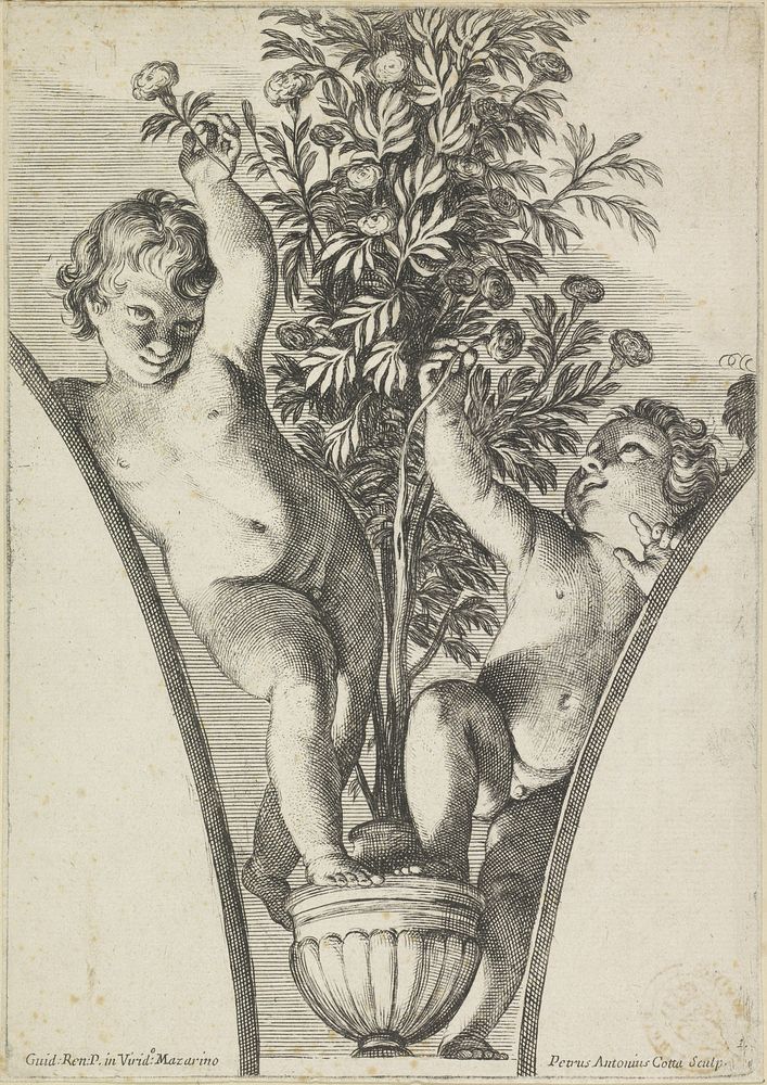 Twee putti bij een rozenstruik in pot (1675 - 1685) by Pietro Antonio Cotta and Guido Reni