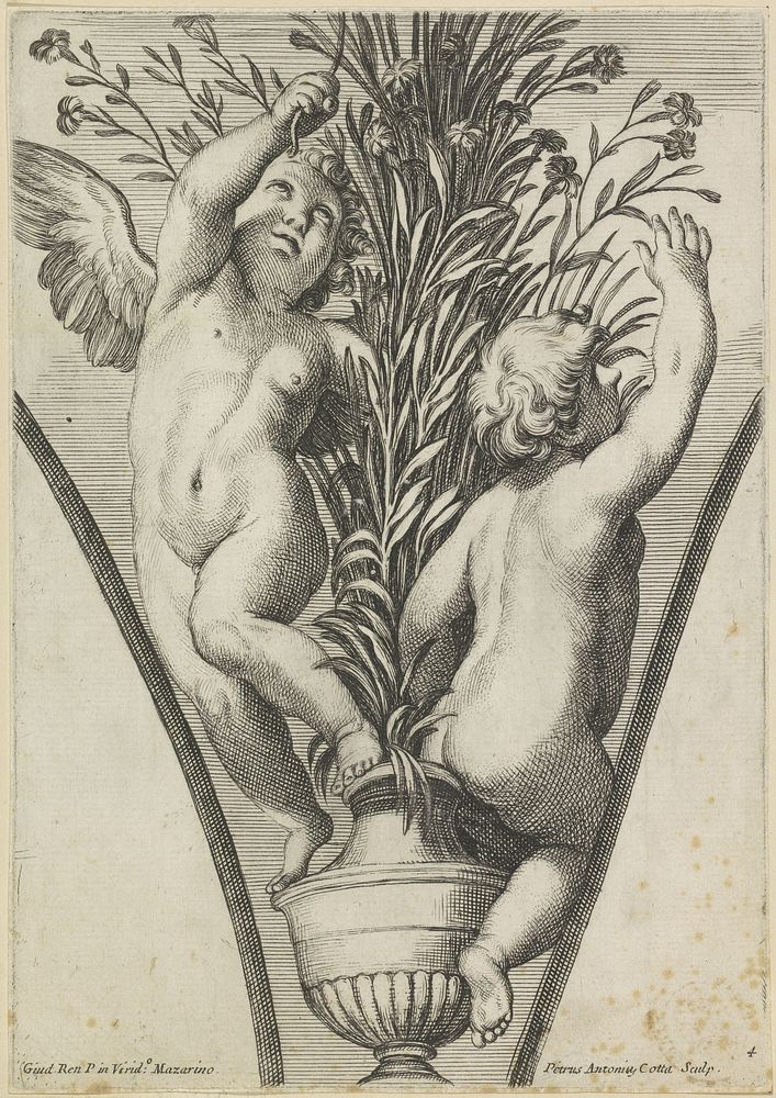 Twee putti, één van achteren gezien, bij een plant in pot (1675 - 1685) by Pietro Antonio Cotta and Guido Reni