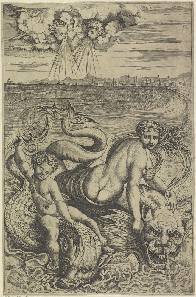 Venus en Amor op dolfijnen (1498 - 1532) by anonymous, Marco Dente and Rafaël