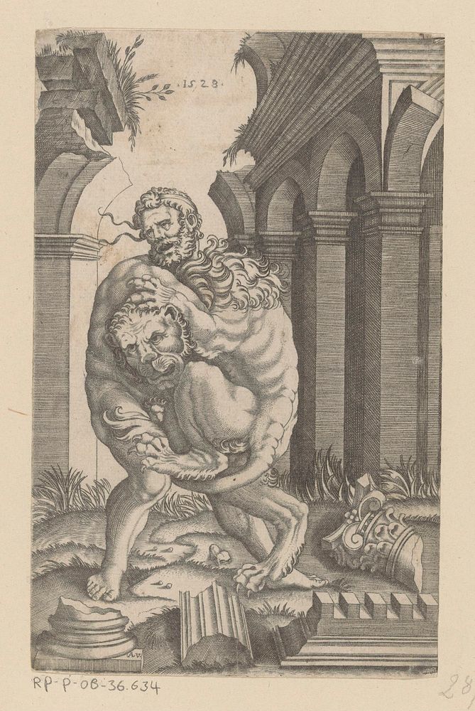 Hercules en de Nemeïsche leeuw (1528) by Agostino Veneziano and Rafaël