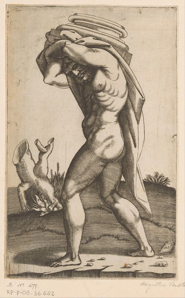 Man met het basement van een zuil op zijn rug (1500 - c. 1536) by Agostino Veneziano and Rafaël