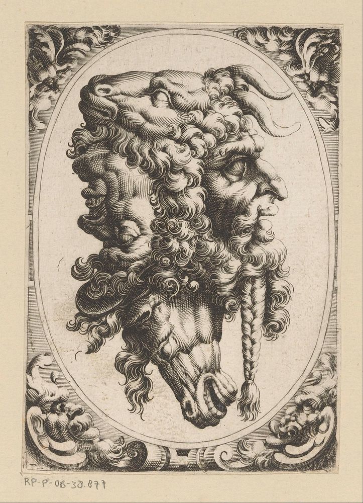 Samenstelling van twee gezichten, een paardenkop en een geitenkop (1590 - 1660) by anonymous and Giovanni Andrea Maglioli
