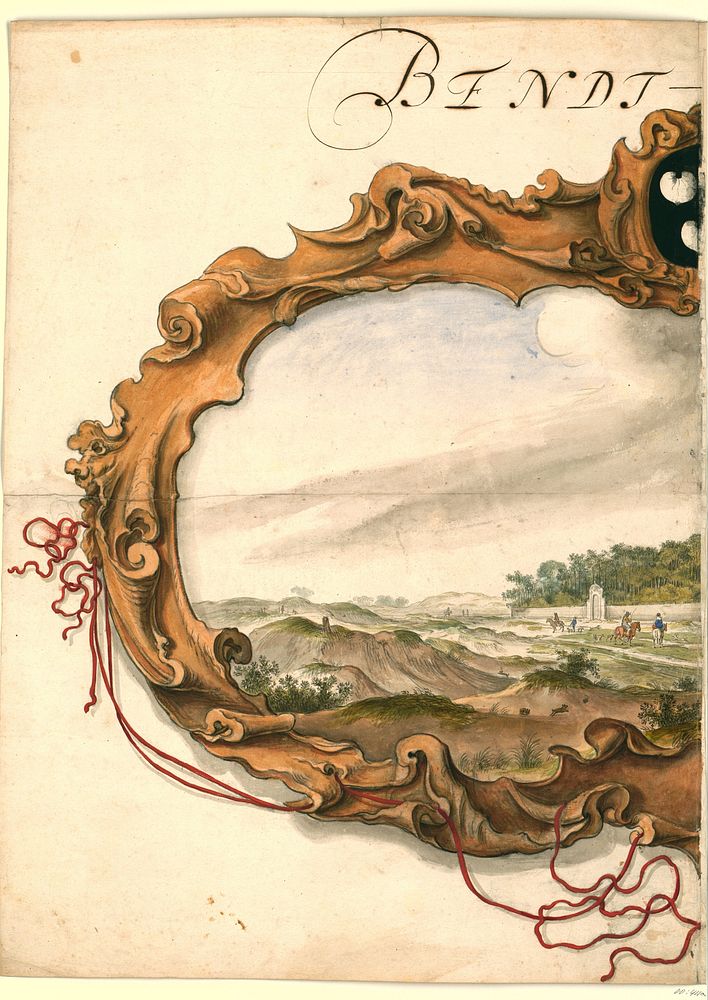 Cartouche met gezicht op het buitengoed Bentveld (linkerblad) (1600 - 1699) by anonymous