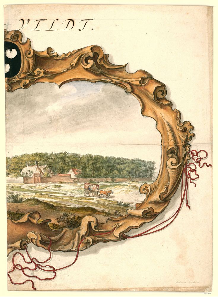 Cartouche met gezicht op het buitengoed Bentveld (rechterblad) (1600 - 1699) by anonymous