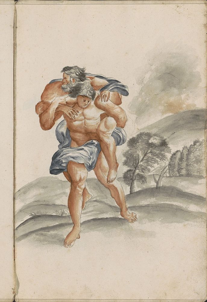 Aeneas draagt zijn vader Anchises op zijn rug weg van een brandend Troje (1696) by Hendrick van Beaumont