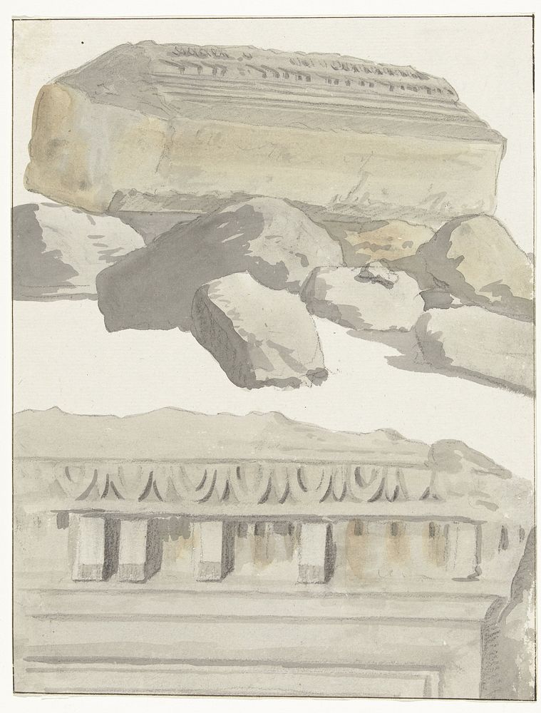 Twee stukken van een architraaf van de antieke tempel in de oude stad Manduria (1778) by Louis Ducros