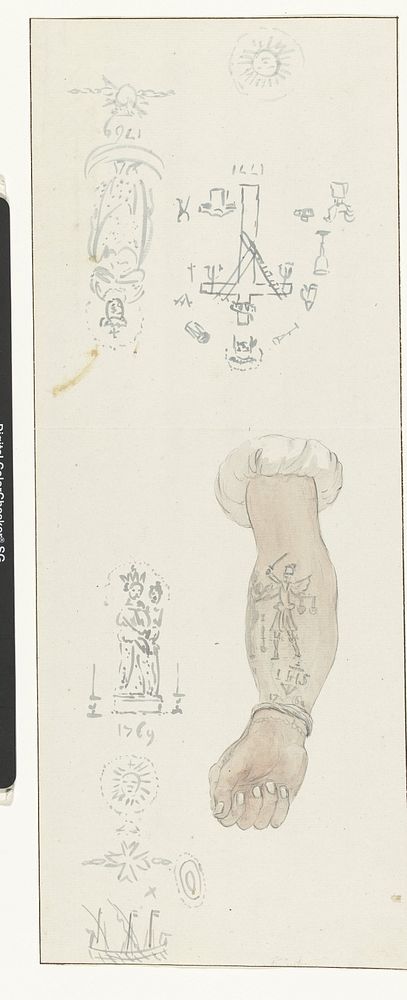 Tatoeëringen op armen van de zeelieden van Tarentin (1778) by Louis Ducros