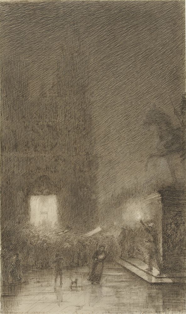 Samenscholing bij avond voor een kathedraal (1857 - 1898) by Félix Hilaire Buhot