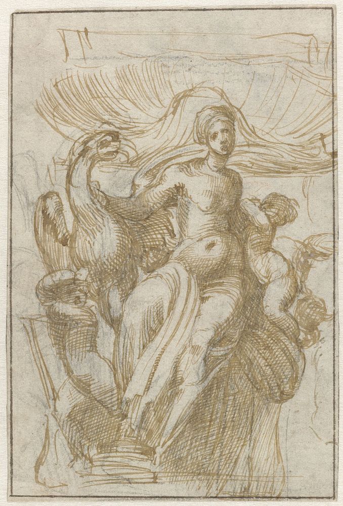 Leda of Venus (?) met vogel en putti voor een schelp (1500 - 1561) by Alonso Berruguete