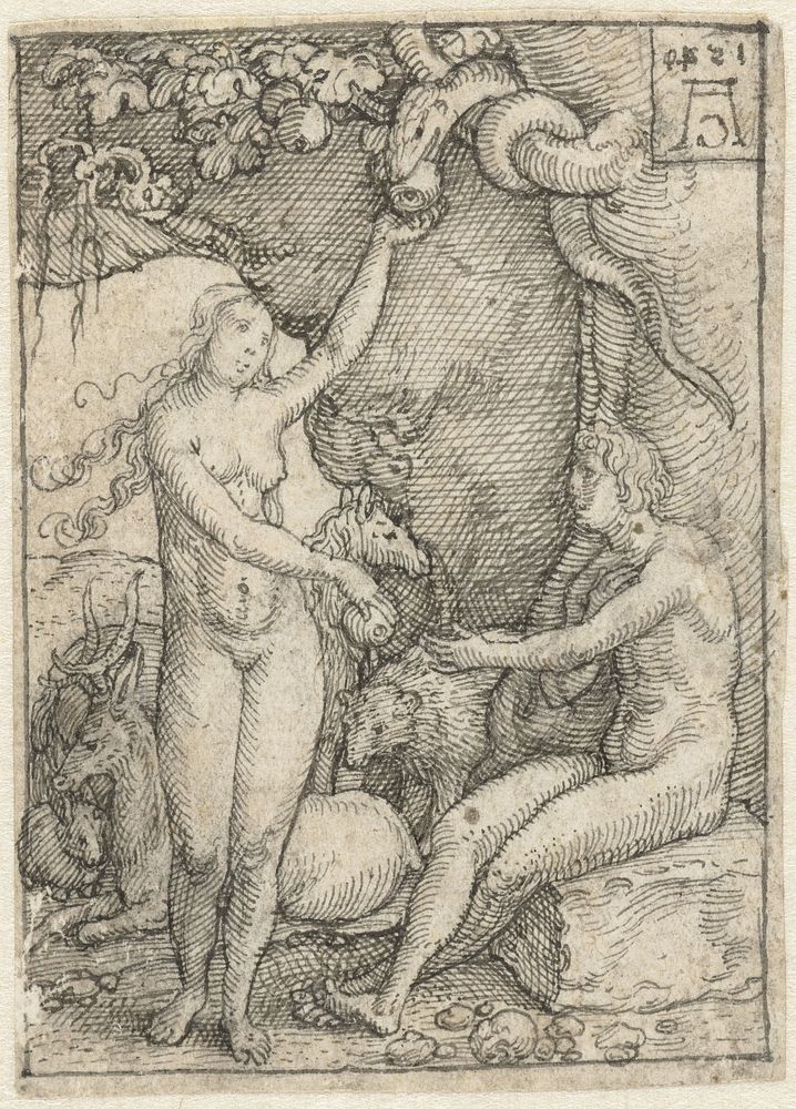 Eva reikt Adam de Appel onder de boom met de slang (1540) by Heinrich Aldegrever