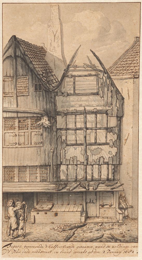Twee uitgebrande huizen in de Oude Nieuwstraat, 1682 (1682) by Jan van der Heyden