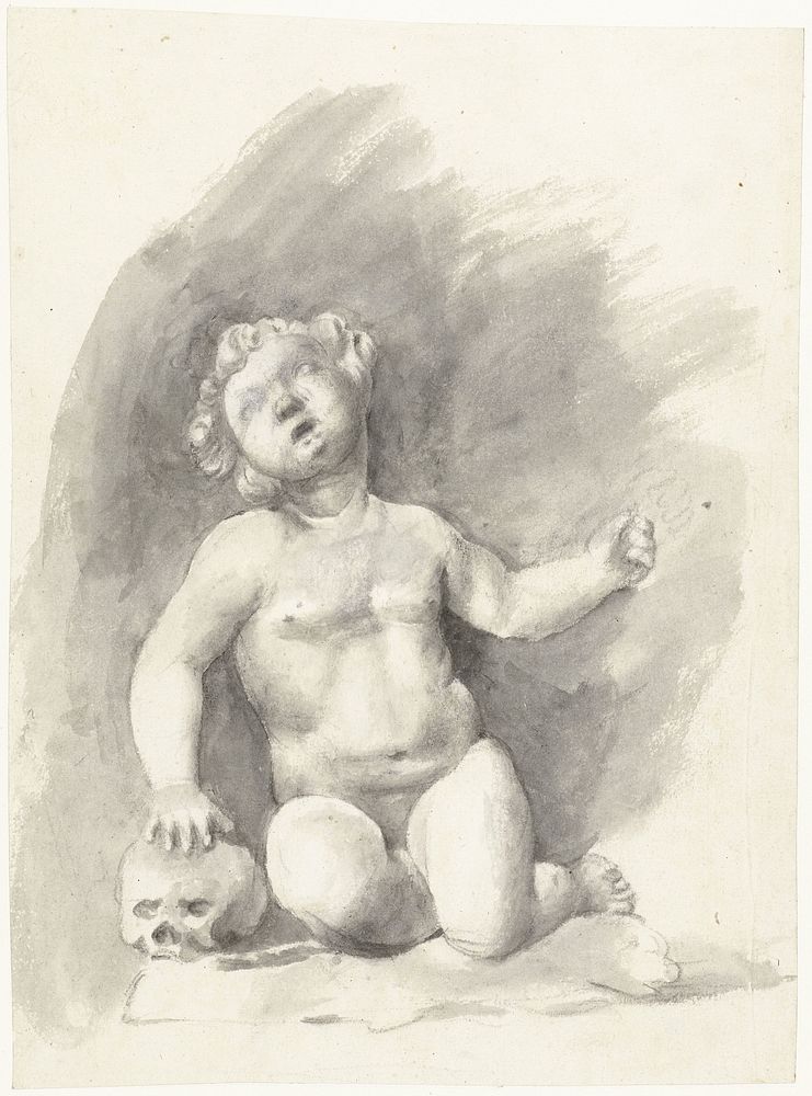 Beeld van naakte jongen zittend naast een schedel (c. 1657 - c. 1658) by Moses ter Borch and anonymous