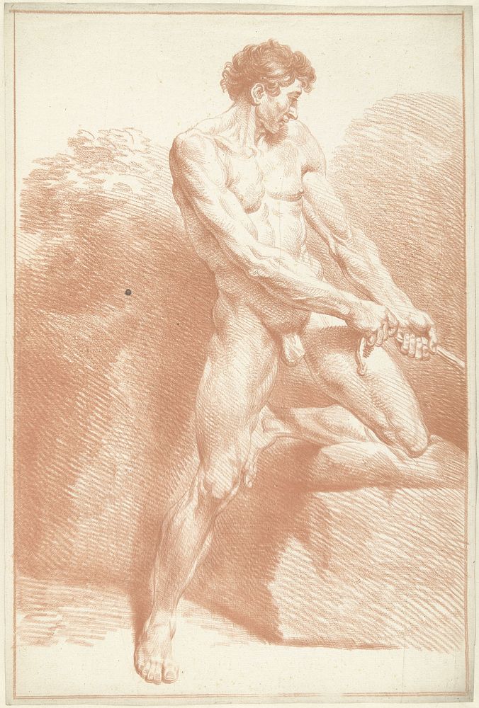 Mannelijk naakt, staand, trekkend aan een touw (1703 - 1775) by Louis Fabritius Dubourg