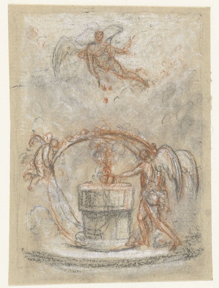Allegorische voorstelling met figuren rond monument of altaar (1700 - 1800) by anonymous