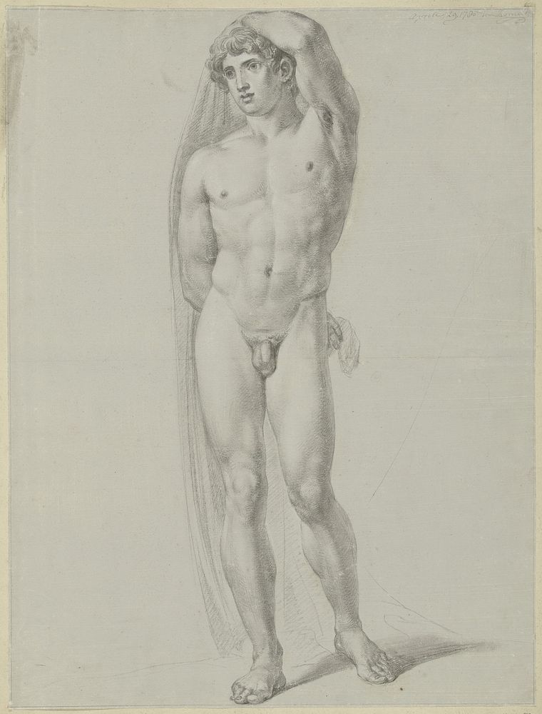 Staand mannelijk naakt, van voren, een doek achter de rug houdend (1780) by Jean Grandjean