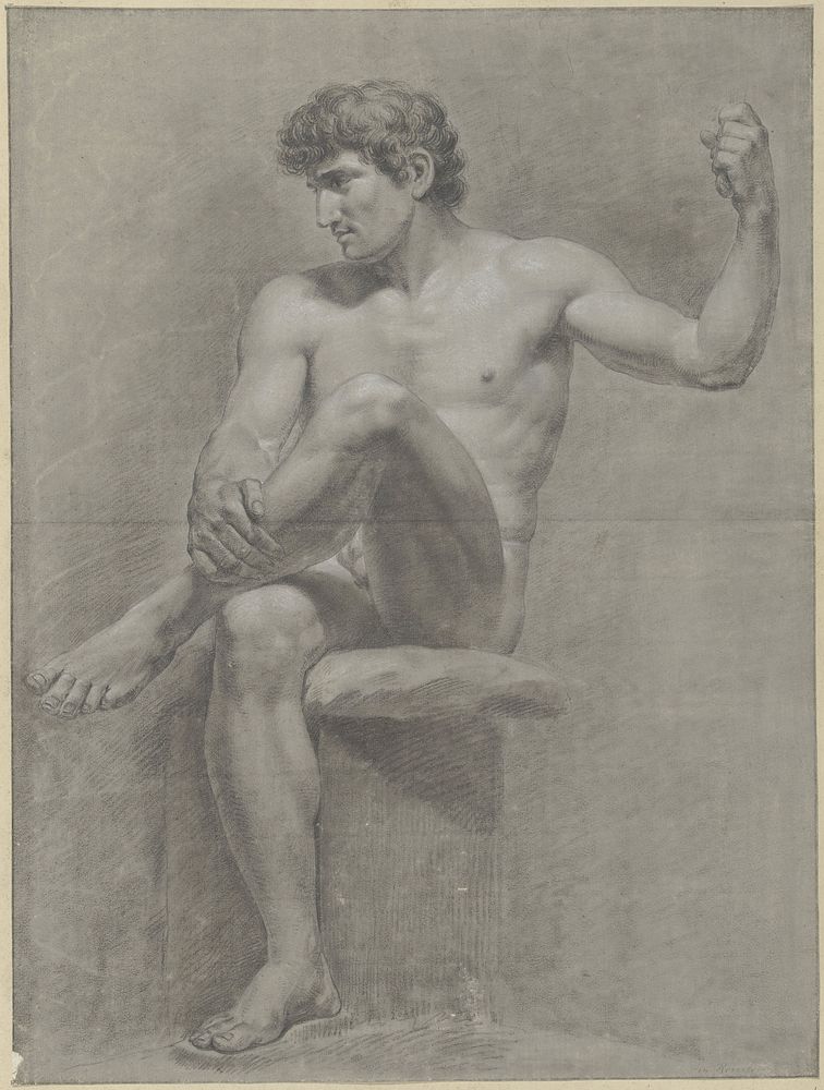 Zittend mannelijk naakt, het linkerbeen op de rechterknie (1765 - 1781) by Jean Grandjean