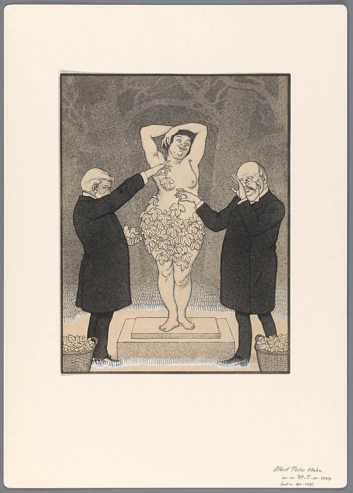 Ontwerp voor een politieke spotprent: twee heren bedekken een staande naakte vrouw met vijgebladeren (1904 - 1905) by Albert…