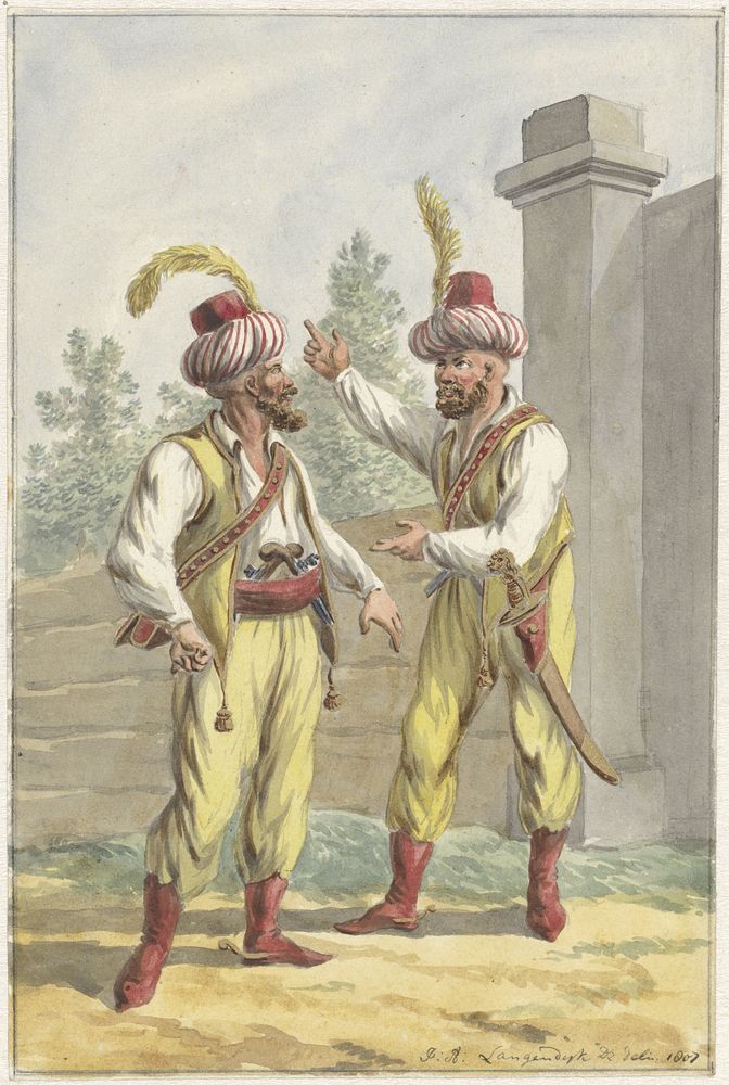 Twee gardisten van Koning Lodewijk Napoleon met tulbanden (1807) by Jan Anthonie Langendijk Dzn